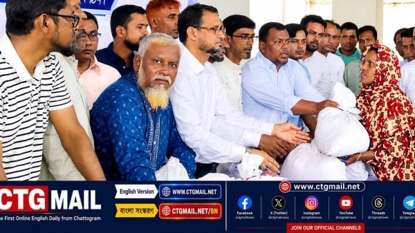 Chattogram City Corporation distributes rice among families affected by heavy rainfall in West Sholoshahar Ward as part of its disaster relief programme.