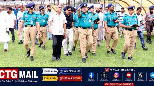 CMP Commissioner Hasan Md. Shawkat Ali inspects security preparations at the venue of the Prime Minister's Gold Cup National Football Tournament in Chattogram.