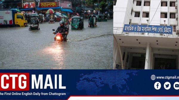 Students arrive at an examination centre as the Chattogram Education Board postpones the HSC ICT examination due to adverse weather and flooding.