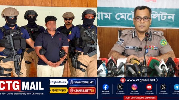 CMP officials announce the arrest of a customs server hack suspect accused of facilitating foreign liquor and cigarette smuggling through the Chattogram Customs system.