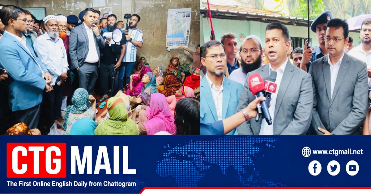 Chattogram Deputy Commissioner Jahidul Islam Mia talks to residents at a temporary shelter during heavy rainfall and landslide warnings.