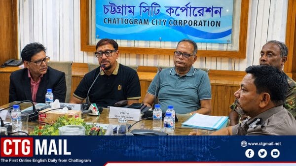 Chattogram Mayor Dr Shahadat Hossain addresses journalists after the Waterlogging Coordination Committee meeting on July 9, 2026.
