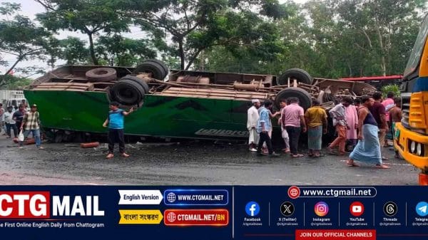 Rescue operation after a Jonaki Paribahan passenger bus overturned in Sitakunda, Chattogram.