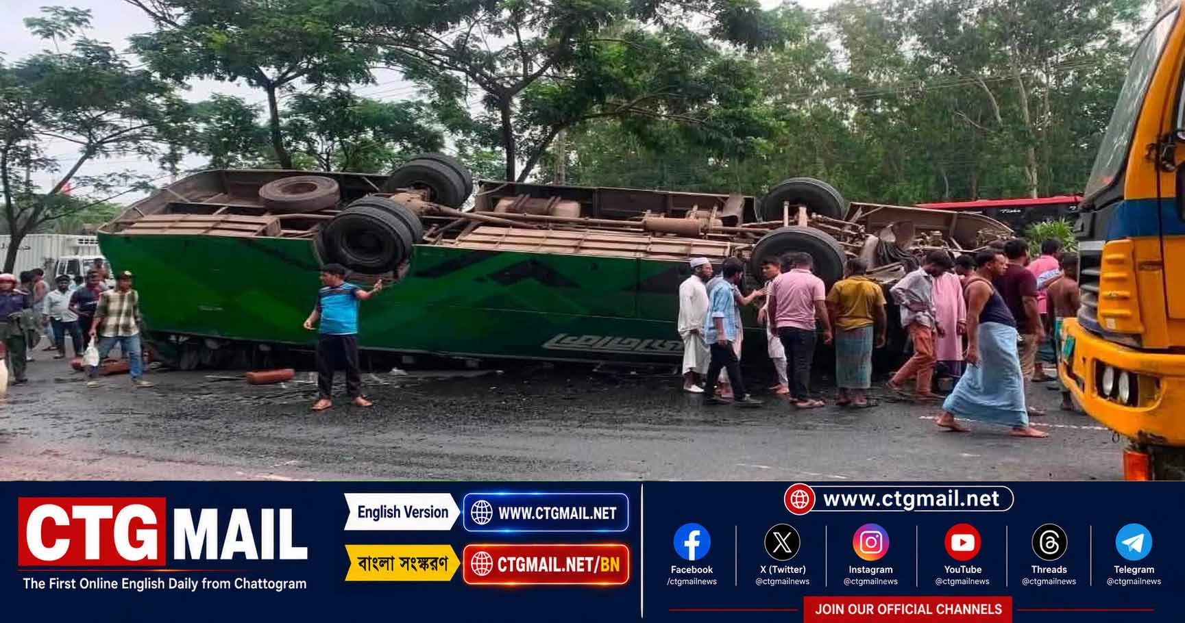 Rescue operation after a Jonaki Paribahan passenger bus overturned in Sitakunda, Chattogram.